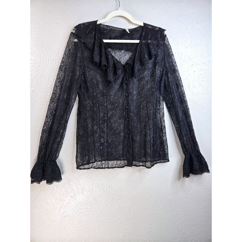 Ruffle Lace Button Down Top Black Sheer Bell Sleeve Victorian Whimsigoth Blouse